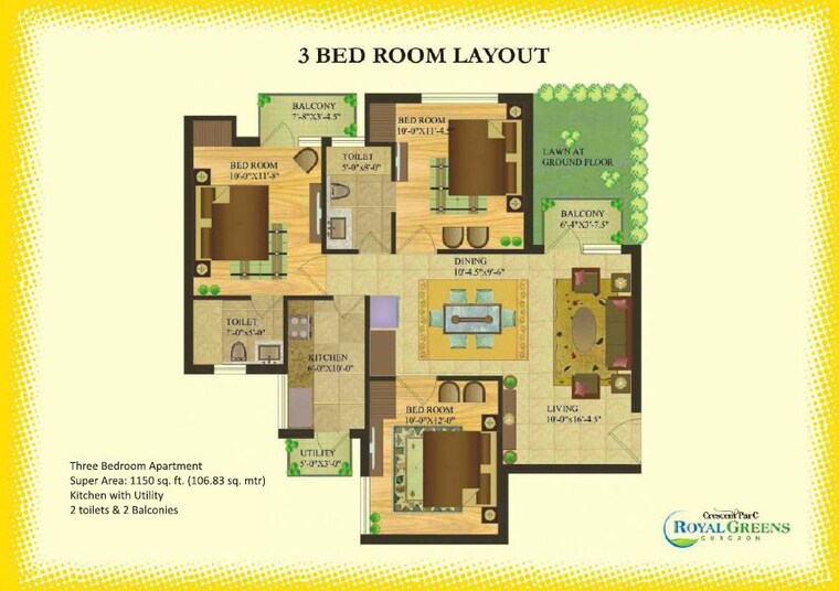 Floor Plan, sare-crescent-parc 3 Bedroom 1183 Sq.Ft. Apartment In Sector 92 Gurgaon 9849792