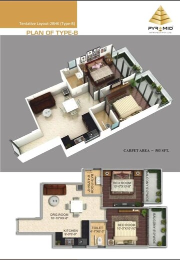 Floor Plan in 2 BHK Apartment at Pyramid Urban Homes 2, Sector 86 – for Sale