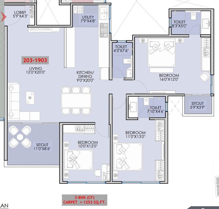 Floor Plan, sinhagad road 3 Bedroom 1253 Sq.Ft. Apartment In Sinhagad Road Pune 9853146