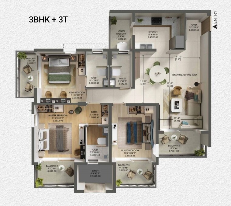 Floor Plan, ashiana-aaroham 3 Bedroom 1057 Sq.Ft. Apartment In Sector 80 Gurgaon 9856215