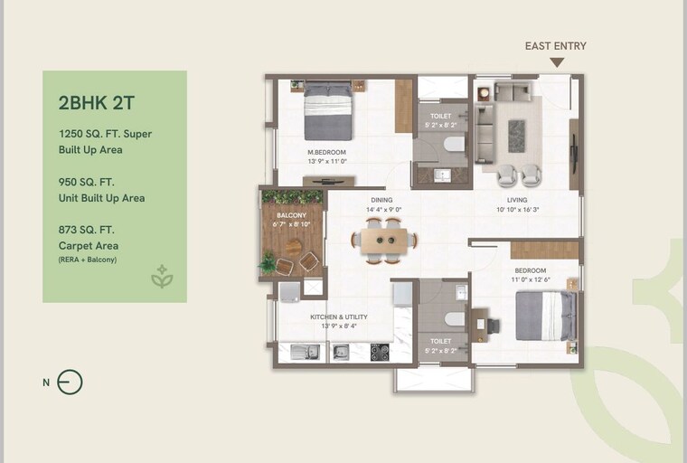 Floor Plan, hennur 2 Bedroom 1250 Sq.Ft. Apartment In Hennur Bangalore 9854670