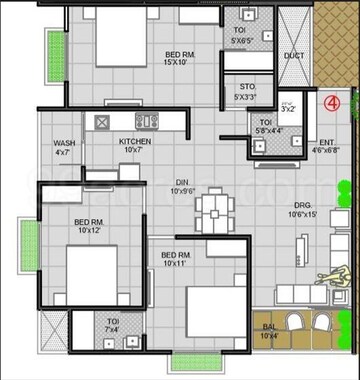 Floor Plan in 3 BHK Apartment at Takshashila More Towers, Ellisbridge – for Rent