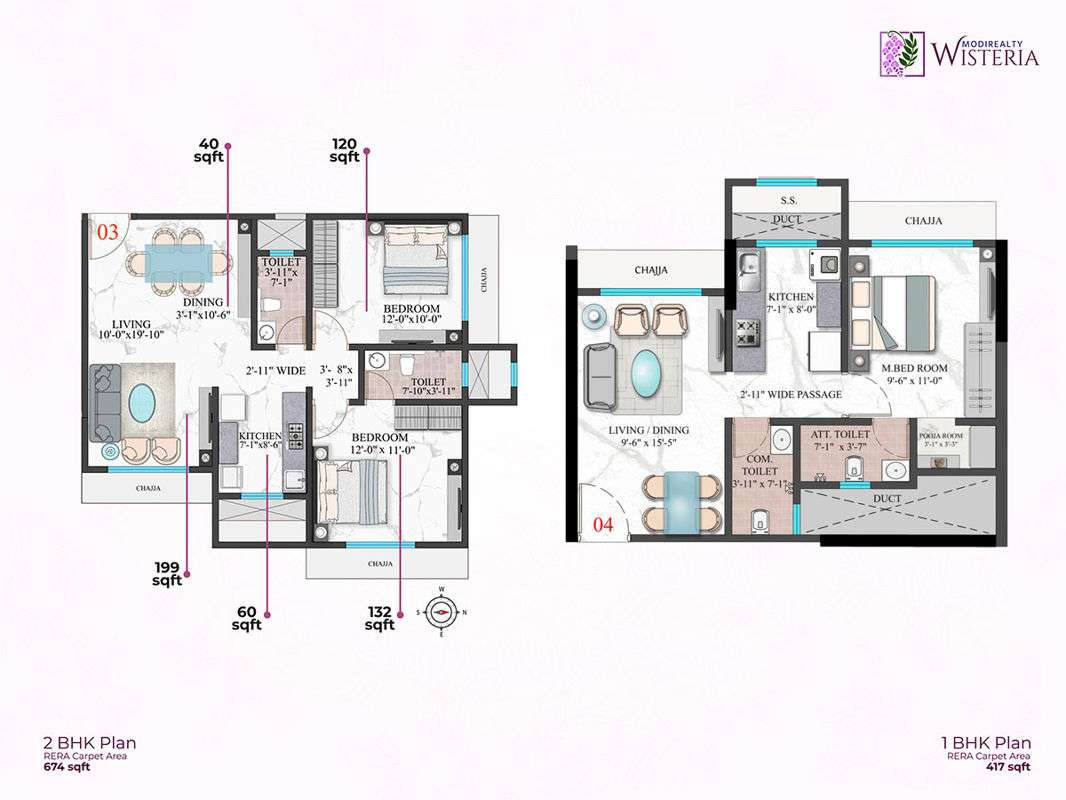 2 BHK + Pooja Room Apartment For Sale in Modirealty Wisteria