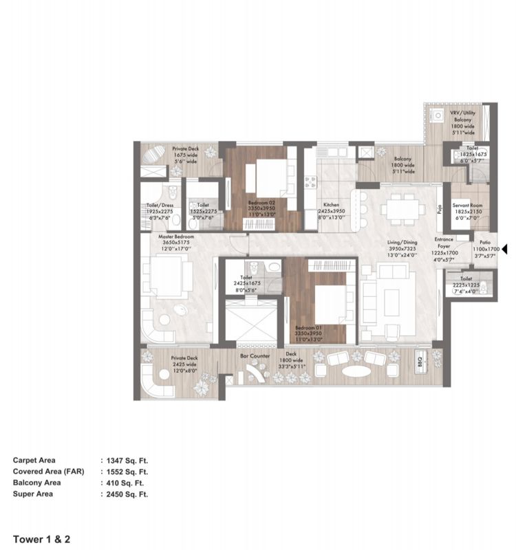 3 BHK + Servant Room 2450 Sq.Ft. Apartment in Elan The Presidential