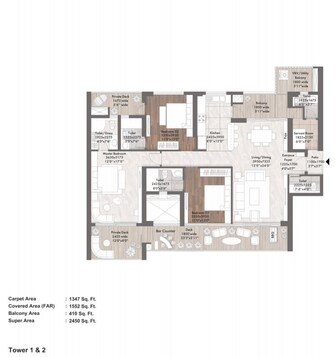 3 BHK + Servant Room 2450 Sq.Ft. Apartment in Elan The Presidential