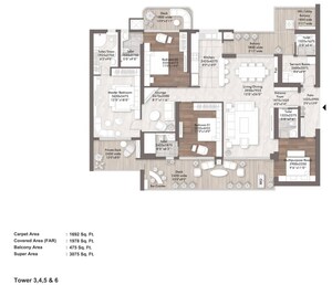 Floor Plan in 3 BHK Apartment at Elan The Presidential, Sector 106 – for Sale