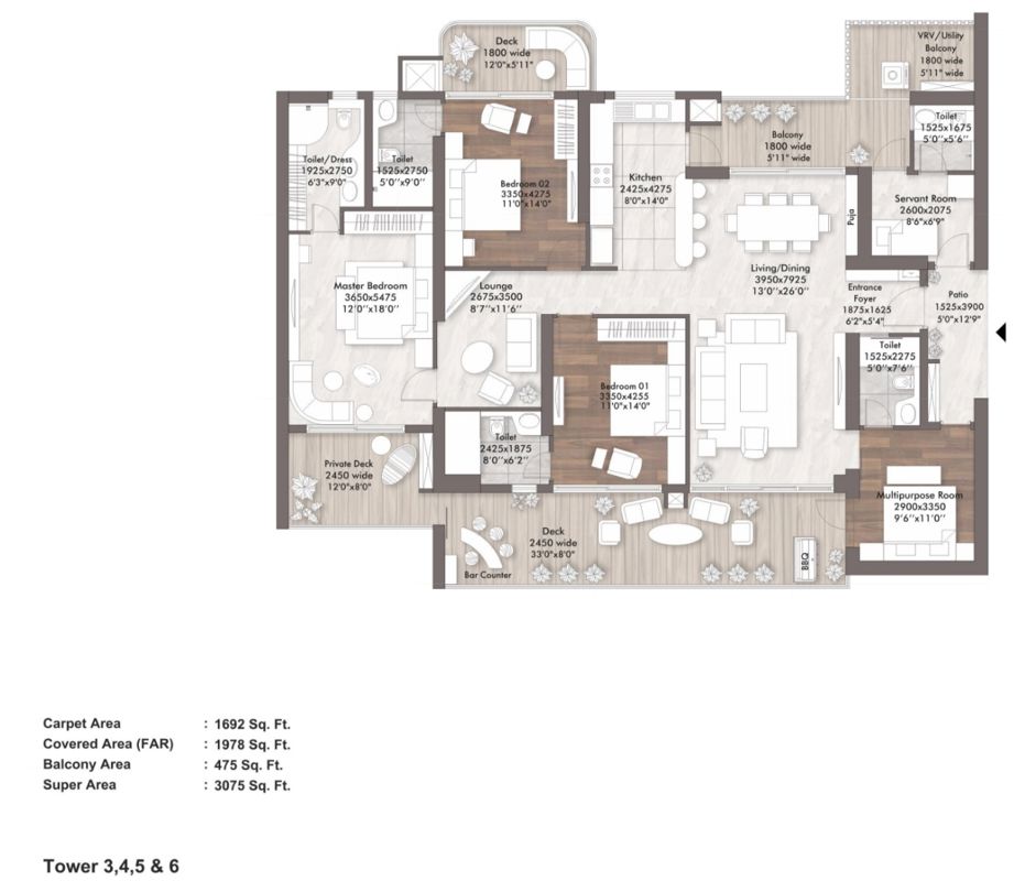 3 BHK + Servant Room Apartment For Sale in Elan The Presidential