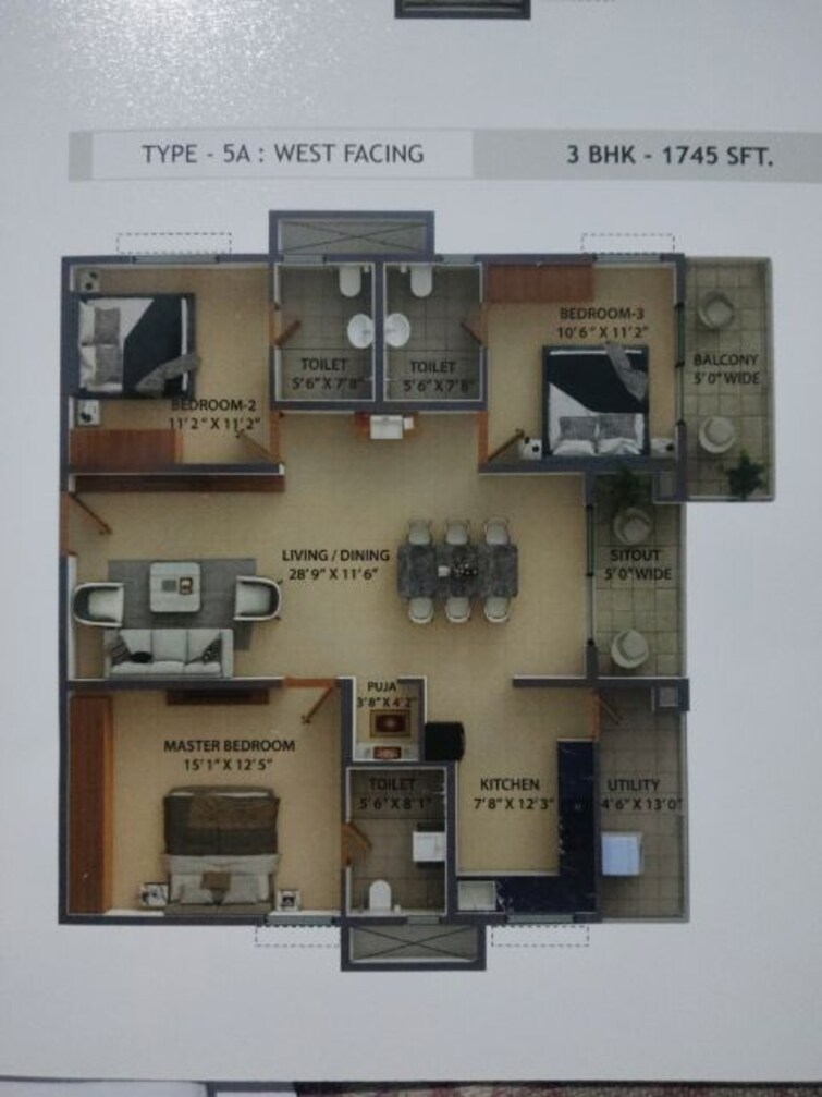 Floor Plan, kokapet 3 Bedroom 1745 Sq.Ft. Apartment In Kokapet Hyderabad 9889610