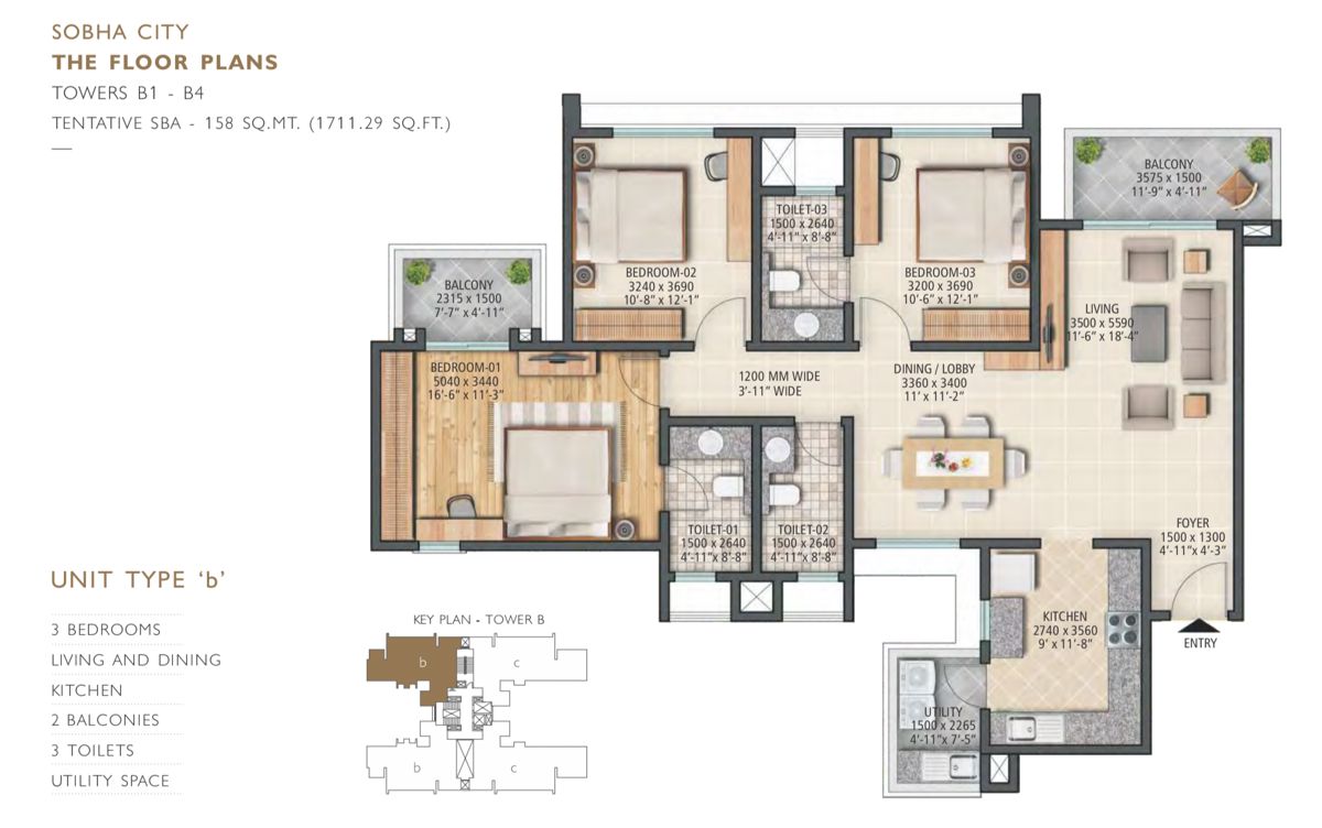 3 BHK + Pooja Room 1711 Sq.Ft. Apartment in Sobha City Gurgaon