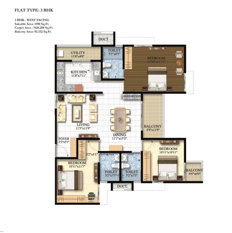 Floor Plan, shriram-luxor 3 Bedroom 1155 Sq.Ft. Apartment In Chikkagubbi Village Bangalore 9905413