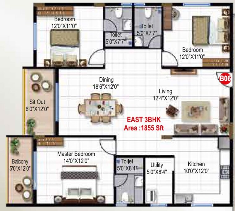 Floor Plan, green-edge-signature 3 Bedroom 1855 Sq.Ft. Apartment In Varthur Bangalore 9913785