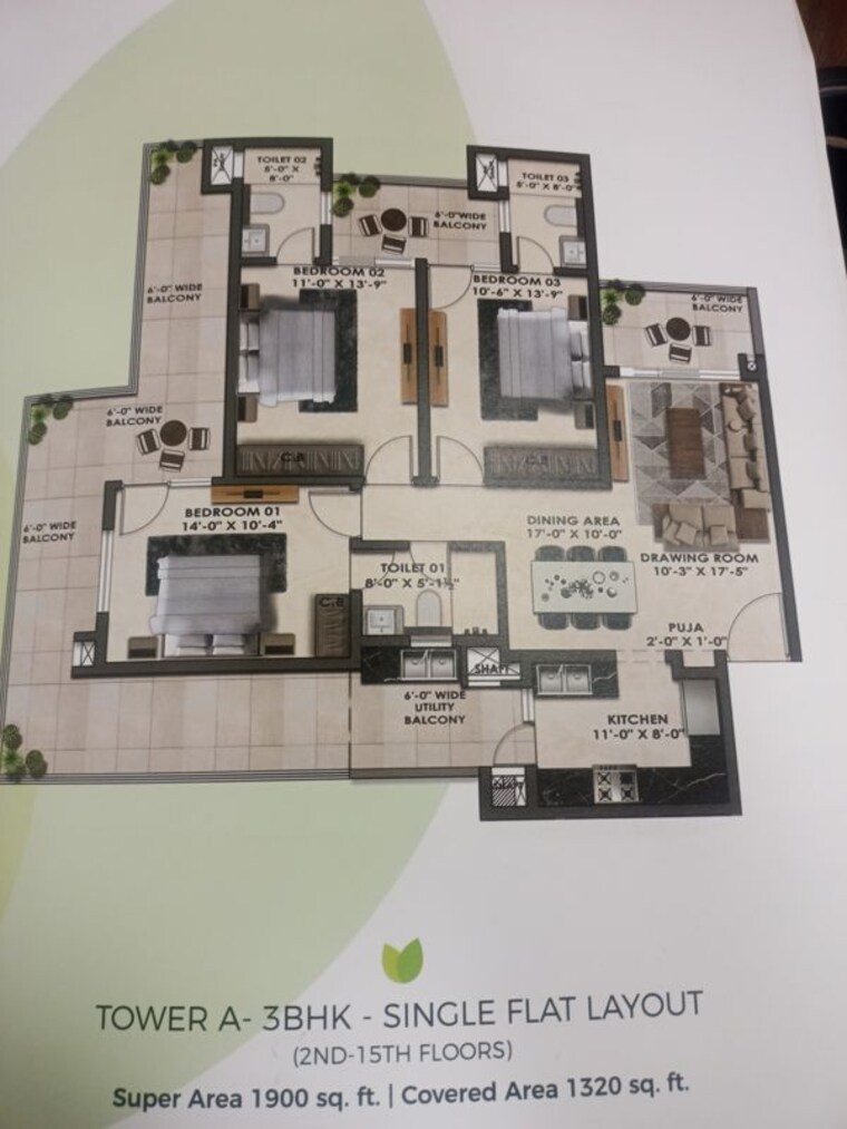Floor Plan, kharar landran road 3 Bedroom 1700 Sq.Ft. Apartment In Kharar Landran Road Mohali 9923335