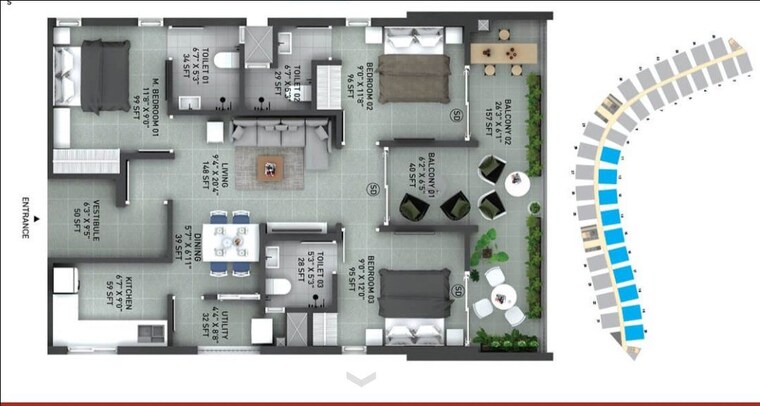 Floor Plan, incor-live-by-lake 3 Bedroom 1369 Sq.Ft. Apartment In Peeranchuruvu Hyderabad 9083992