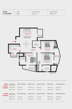 Floor Plan in 3 BHK Apartment at Anant Raj Maceo, Sector 91 – for Sale