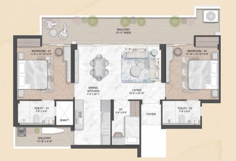 Floor Plan, smart-world-natures-court 2.5 Bedroom 1360 Sq.Ft. Apartment In Manesar Sector 9 Gurgaon 9932033