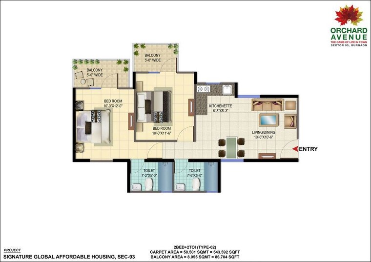 Floor Plan, signature-global-orchard-avenue 2 Bedroom 900 Sq.Ft. Apartment In Sector 93 Gurgaon 9937295