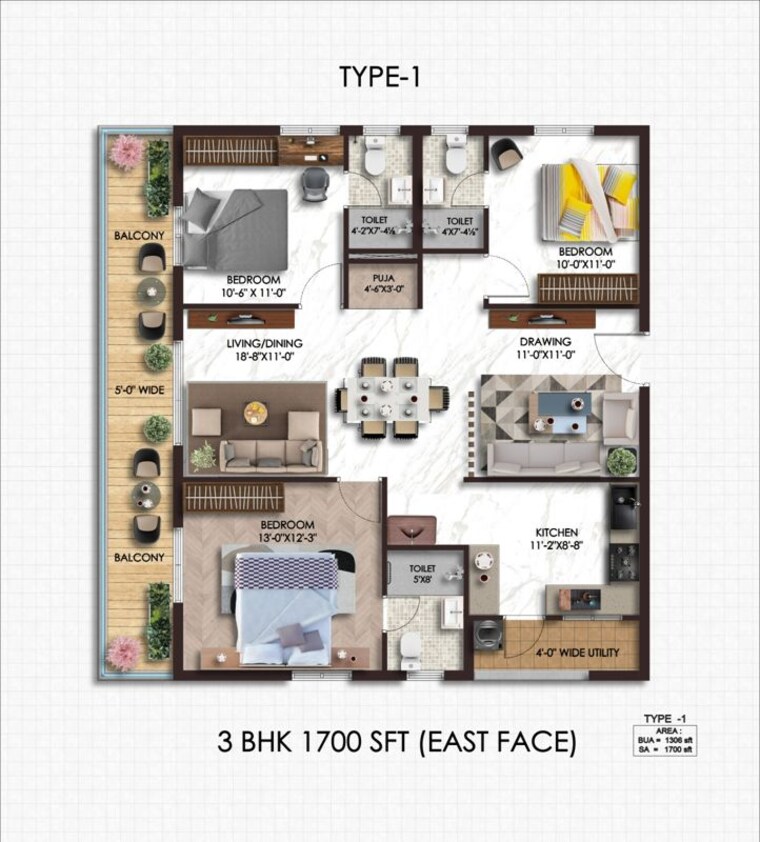 Floor Plan, elegant-nivasa 3 Bedroom 1700 Sq.Ft. Apartment In Kollur Hyderabad 9939690
