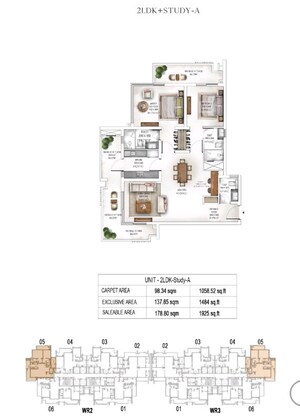 Floor Plan in 2.5 BHK Apartment at Krisumi Waterside Residences, Sector 36a – for Sale