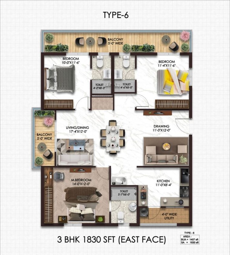 Floor Plan, elegant-nivasa 3 Bedroom 1845 Sq.Ft. Apartment In Kollur Hyderabad 9939761