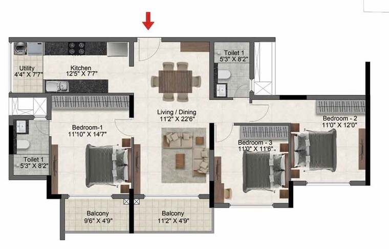 Floor Plan, whitefield 3 Bedroom 1540 Sq.Ft. Apartment In Whitefield Bangalore 9912881