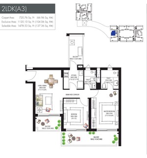 Floor Plan in 2 BHK Apartment at Krisumi Waterfall Residences, Sector 36a – for Sale