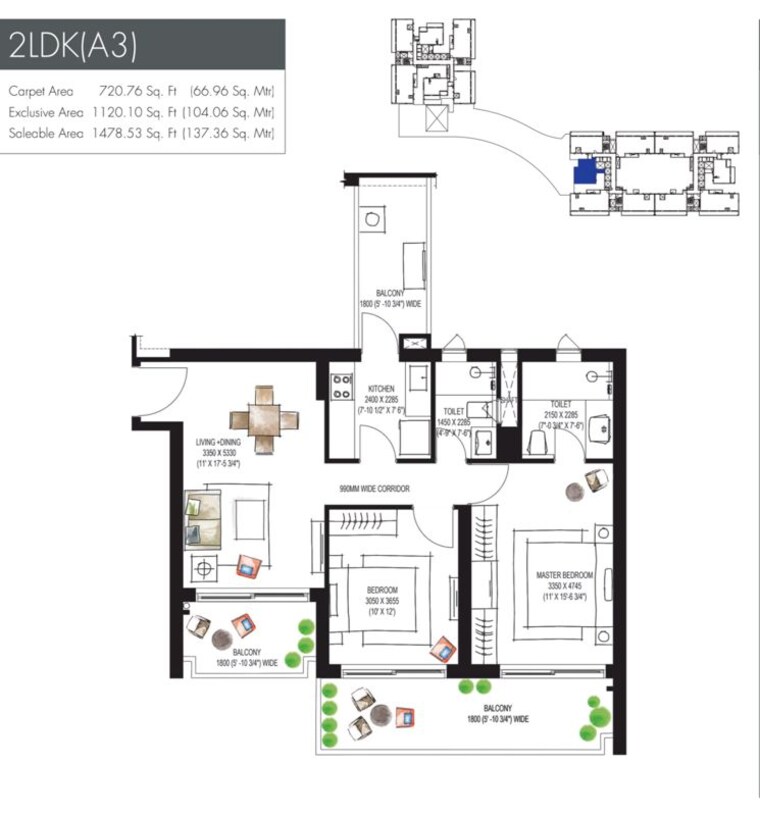 Floor Plan, krisumi-waterfall-residences 2 Bedroom 1450 Sq.Ft. Apartment In Sector 36a Gurgaon 9947540