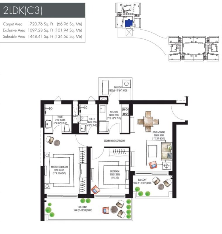 Floor Plan, krisumi-waterfall-residences 2 Bedroom 1478 Sq.Ft. Apartment In Sector 36a Gurgaon 9947643