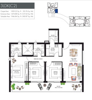 Floor Plan in 3 BHK Apartment at Krisumi Waterfall Residences, Sector 36a – for Sale
