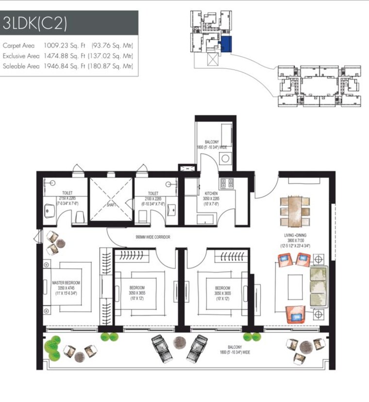 Floor Plan, krisumi-waterfall-residences 3 Bedroom 1946 Sq.Ft. Apartment In Sector 36a Gurgaon 9947686