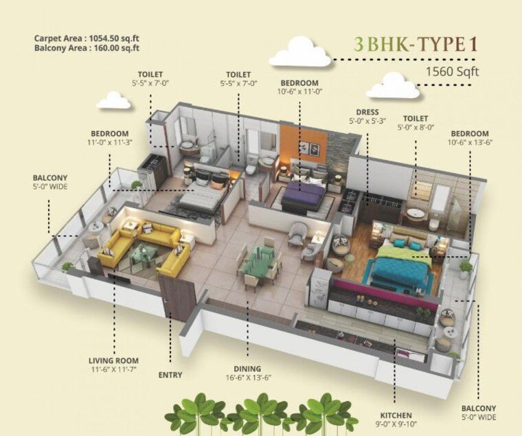 Floor Plan, urban-axis-urban-woods 3 Bedroom 1560 Sq.Ft. Apartment In Sushant Golf City Lucknow 9948104