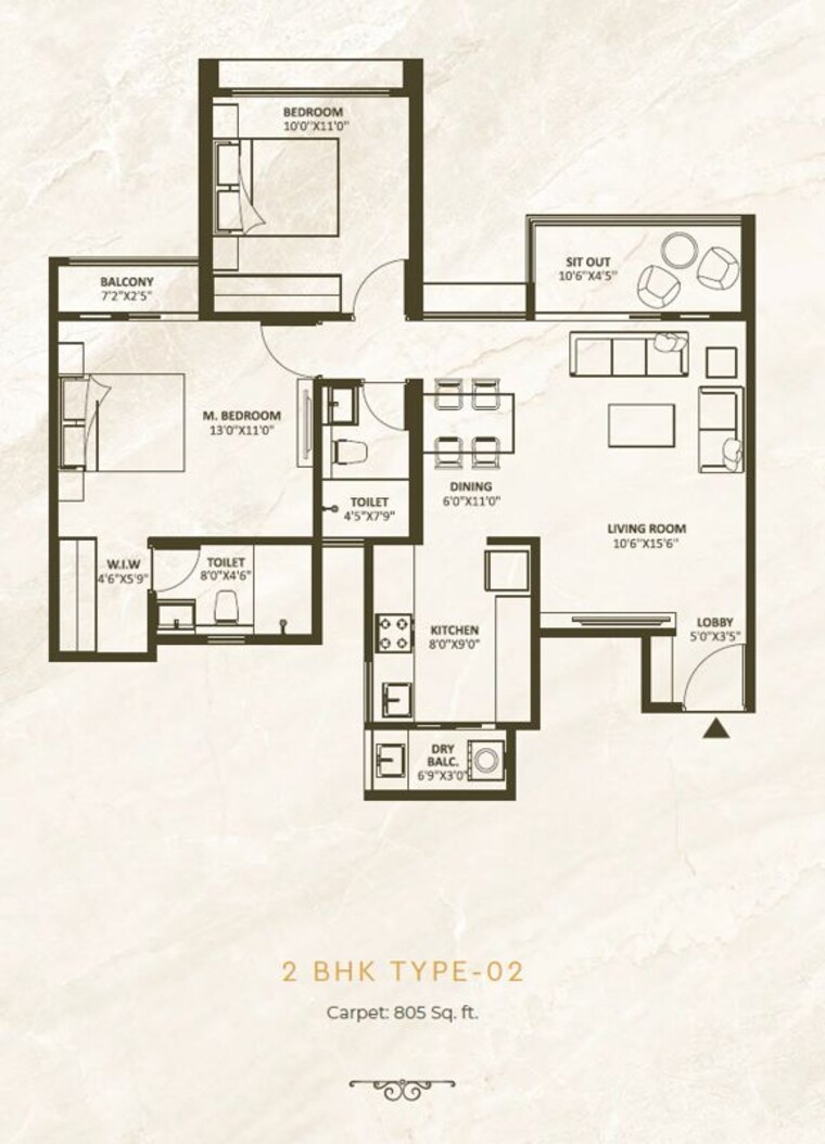 Floor Plan, wakad 2 Bedroom 809 Sq.Ft. Apartment In Wakad Pune 9947681