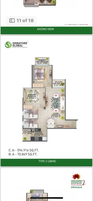 Floor Plan in 2 BHK Apartment at Signature Global Orchard Avenue, Sector 93 – for Sale