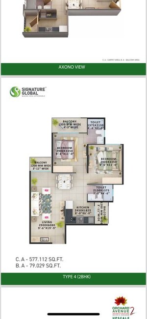 Floor Plan in 2 BHK Apartment at Signature Global Orchard Avenue, Sector 93 – for Sale