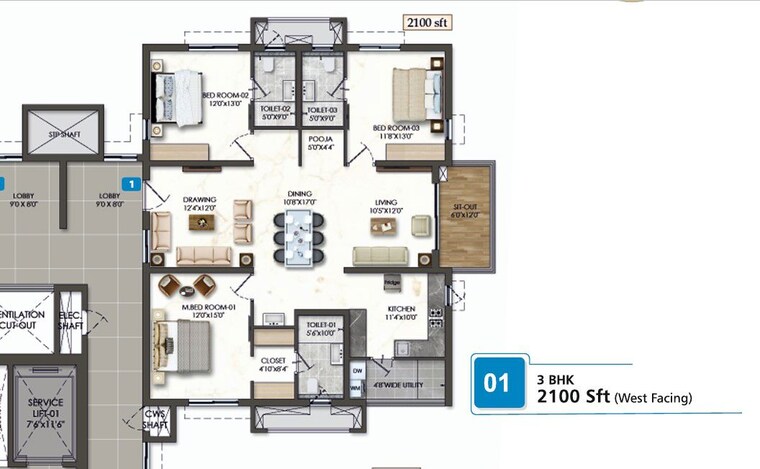 Floor Plan, rajapushpa-sierra 2 Bedroom 1295 Sq.Ft. Apartment In Tellapur Hyderabad 9954899
