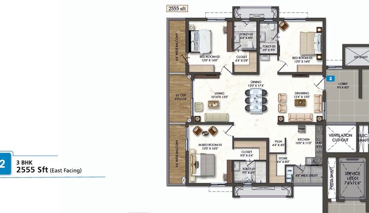 Floor Plan, rajapushpa-sierra 2 Bedroom 1295 Sq.Ft. Apartment In Tellapur Hyderabad 9954899