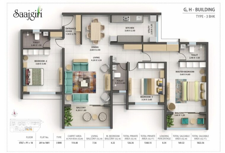 Floor Plan, nanded 3 Bedroom 1822 Sq.Ft. Apartment In Nanded Pune 9954920