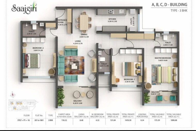 Floor Plan, nanded 3 Bedroom 1360 Sq.Ft. Apartment In Nanded Pune 9955239