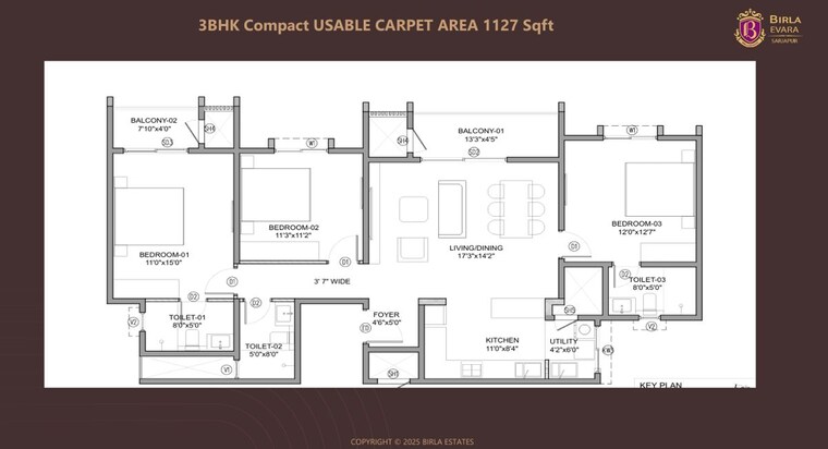 Floor Plan, birla-evara 3 Bedroom 1137 Sq.Ft. Apartment In Sarjapur Bangalore 9956447