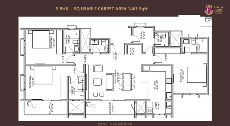 Floor Plan, birla-evara 3 Bedroom 1137 Sq.Ft. Apartment In Sarjapur Bangalore 9956447