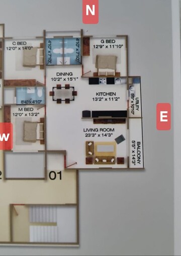 Floor Plan in 3 BHK Apartment at DS Max Skycity, Thanisandra – for Rent