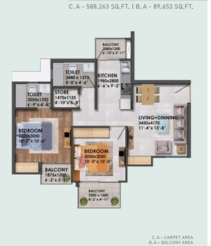 Floor Plan in 2 BHK Apartment at Signature Global Proxima, Sector 89 – for Sale