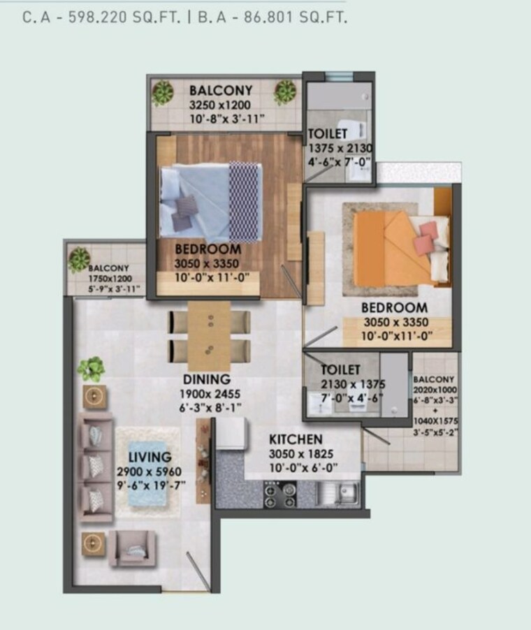 Floor Plan, signature-global-proxima 2 Bedroom 674 Sq.Ft. Apartment In Sector 89 Gurgaon 9963684
