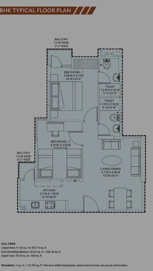 Floor Plan in 2 BHK Apartment at Wave Dream Homes, Wave City – for Sale