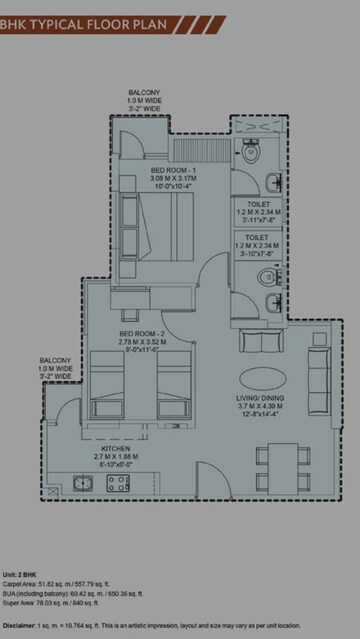Floor Plan in 2 BHK Apartment at Wave Dream Homes, Wave City – for Sale