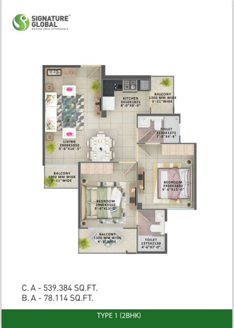 Floor Plan, signature-orchard-avenue-2 2 Bedroom 666 Sq.Ft. Apartment In Sector 93 Gurgaon 9978925