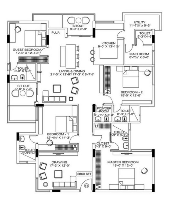 Floor Plan, manbhum-around-the-grove 4 Bedroom 2860 Sq.Ft. Apartment In Financial District Hyderabad 9979432