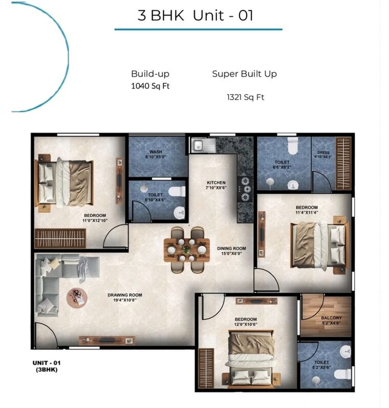 Floor Plan, rangwasa 3 Bedroom 1321 Sq.Ft. Apartment In Rangwasa Indore 9994047