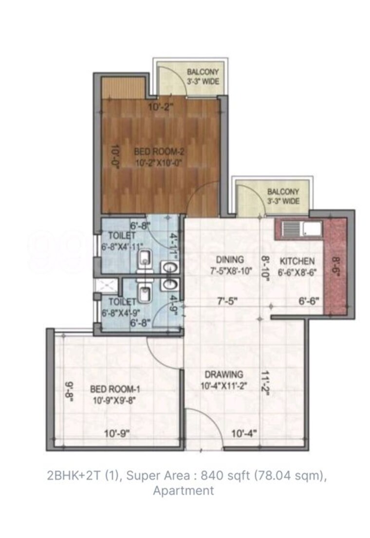 Floor Plan, aditya-urban-homes 2 Bedroom 840 Sq.Ft. Apartment In Shahpur Bamheta Ghaziabad 9994544