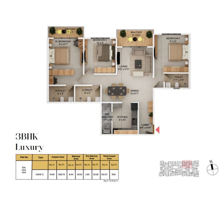 Floor Plan, kohinoor-saras-nagar 3 Bedroom 1152 Sq.Ft. Apartment In Saras Baug Pune 10009353