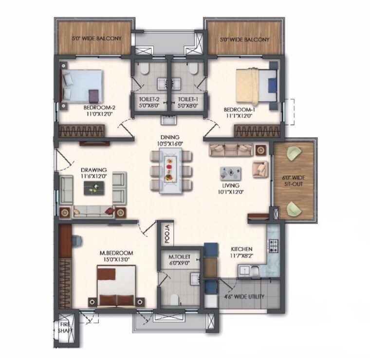 Floor Plan, rajapushpa-pristinia 3 Bedroom 2040 Sq.Ft. Apartment In Kokapet Hyderabad 10010216